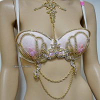 Pastel Pink Glitter Gold Iridescent Mermaid Dance Costume Rave Bra Mermaid Halloween Burlesque Show Girl - Thumbnail 3