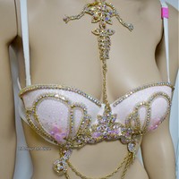 Pastel Pink Glitter Gold Iridescent Mermaid Dance Costume Rave Bra Mermaid Halloween Burlesque Show Girl - Thumbnail 4