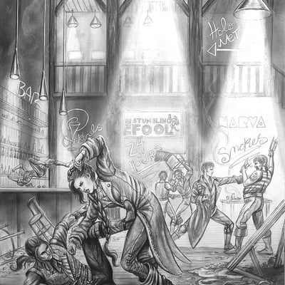  loe- league of elder interior  published illustration artwork "bar brawl"