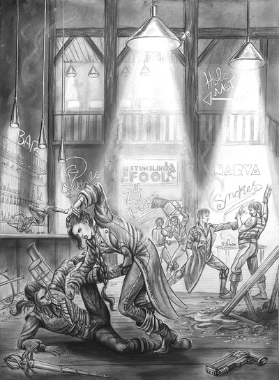  LOE- LEAGUE OF ELDER INTERIOR  PUBLISHED ILLUSTRATION ARTWORK "BAR BRAWL"