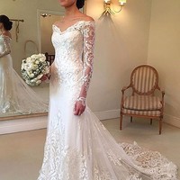 Vestido De Noiva Lace Wedding Dress V-Neck Long Sleeve Button Sweep Train Applique Wedding Gowns  Mermaid Wedding Dress Bride Dresses - Thumbnail 1