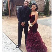Black Girl Prom Dress New African Velvet Burgundy Royal Black Black Mermaid Prom Dresses Organza Ruffles Long Prom Party Dress - Thumbnail 2