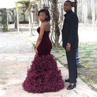Black Girl Prom Dress New African Velvet Burgundy Royal Black Black Mermaid Prom Dresses Organza Ruffles Long Prom Party Dress - Thumbnail 3