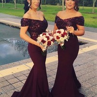 Elegant Off the Shoulder Prom Dress Mermaid Green/Pink/Burgundy Prom Dresses Long Evening Dress Party Dress - Thumbnail 2