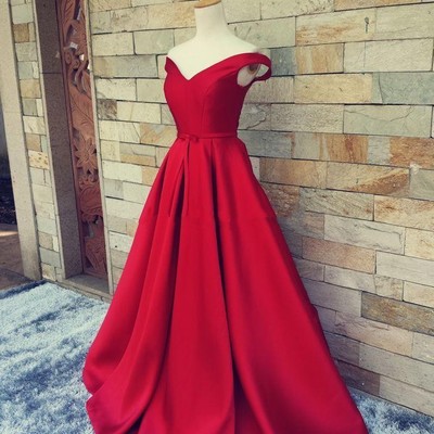Elegant red prom dress a-line off the shoulder satin long prom dresses evening dresses - Thumbnail 4
