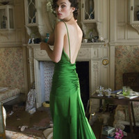 Elegant Green V Neck Backless Long Celebrity Dresses on Keira knightley from the Movie Court Train Formal Gowns for Women - Thumbnail 1