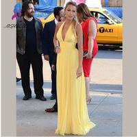 Sexy Celebirty Dress Blake Lively Yellow Celebrity Dresses Inspired Red Carpet Dress V-Neck Chiffon Backless Formal Gown Women Dress - Thumbnail 2
