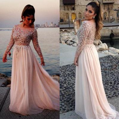 Custom made a line boat neck pink long sleeves prom dresses,see through floor length beadings prom gown, handmade evening dress,long formal women dres - Thumbnail 4