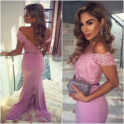 Pink two pieces prom dress, elegant two piece prom dress, off the shoulder lace long prom gown - Thumbnail 4