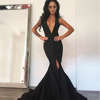 Long black prom dresses,mermaid prom dresses with front slit,deep v neck prom dresses,sexy long party dresses,long evening dresses - Thumbnail 5