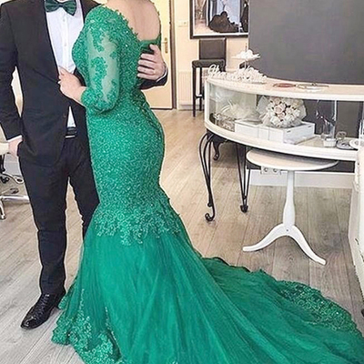 Long mermaid prom dresses,3/4 sleeves long formal gowns,green tulle evening dresses,long party dresses,long women dresses for prom,v neck pageant dres - Thumbnail 5