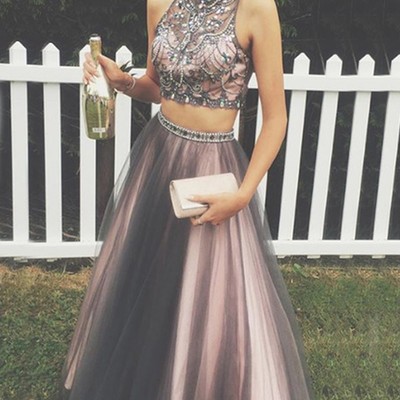 Two pieces prom dresses,high neck prom dresses,beaded prom dresses,open back prom dress,long prom dresses,long party dresses for teens,long two pieces