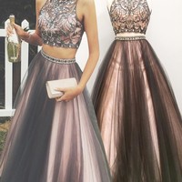 Two Pieces Prom Dresses,High Neck Prom Dresses,Beaded Prom Dresses,Open Back Prom Dress,Long Prom Dresses,Long Party Dresses for Teens,Long Two Pieces - Thumbnail 1
