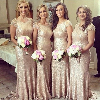 New fashion lace cap sleeves sequined vestido de noite dress to wedding party long gold bridesmaid dress