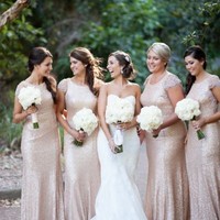 New Fashion Lace Cap Sleeves Sequined vestido de noite Dress to Wedding Party Long Gold Bridesmaid Dress - Thumbnail 1