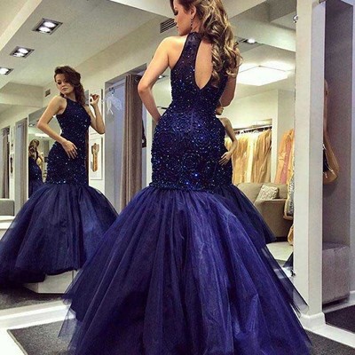 Dark navy prom dress, mermaid prom dress, sexy prom dress, floor-length prom dress, sleeveless prom dress, mermaid evening dress
