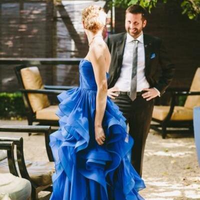 Sexy prom dresses,hi-lo runched sweetheart royal blue wedding dress with horsehair trim party gown - Thumbnail 3