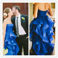 Sexy Prom Dresses,Hi-lo Runched Sweetheart Royal Blue Wedding Dress with Horsehair Trim Party Gown - Thumbnail 1