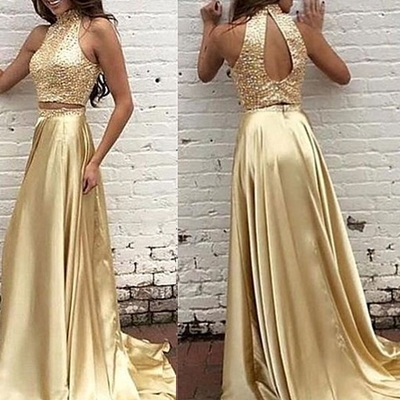 Luxury bling two pieces prom dress beads pearls open back 2 piece prom dresses party dress - Thumbnail 4