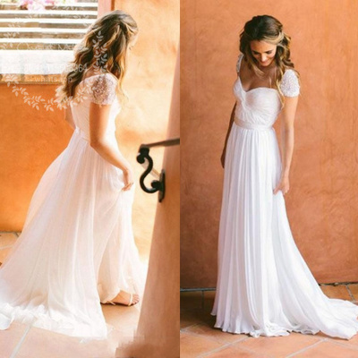 White chiffon bohemian wedding dresses ruched pleated cap sleeves sweep train boho summer beach a line bridal gowns