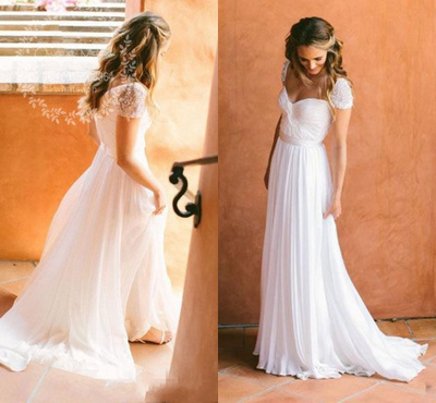 White Chiffon Bohemian Wedding Dresses Ruched Pleated Cap Sleeves Sweep Train Boho Summer Beach A Line Bridal Gowns