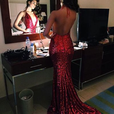 Sexy prom dresses deep v neck backless halter dark red sequin prom dress evening dress - Thumbnail 4