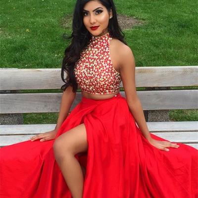 Two pieces prom dress,high neck prom dress,side silt prom dress,sexy prom dress,red evening dress , party dresses,long prom dress,new style prom gown - Thumbnail 4