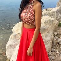 Two Pieces Prom Dress,High Neck Prom Dress,Side Silt Prom Dress,Sexy Prom Dress,Red Evening Dress , Party Dresses,Long Prom Dress,New Style Prom Gown - Thumbnail 1
