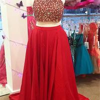 Two Pieces Prom Dress,High Neck Prom Dress,Side Silt Prom Dress,Sexy Prom Dress,Red Evening Dress , Party Dresses,Long Prom Dress,New Style Prom Gown - Thumbnail 2