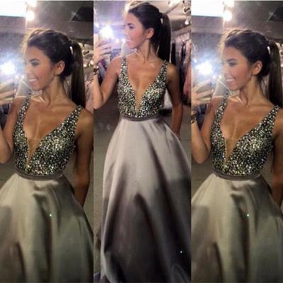 Luxury bling sparkle prom dress grey deep v-neck beaded long satin prom dresses evening dress party dress formal gown - Thumbnail 5