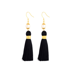 Tassels and Pearls-the 100% Handmade Breakfast at Tiffany's Inspired 24karat Gold Plated Earrings in Majestic Black - Thumbnail 2