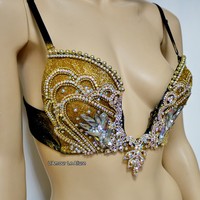 AB Iridescent Gold Glitter Plunge Mermaid Bra  Cosplay Dance Costume Rave Bra Rave Wear Halloween Burlesque Show Girl - Thumbnail 1