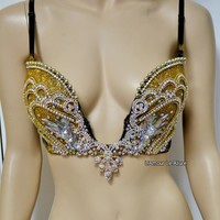 AB Iridescent Gold Glitter Plunge Mermaid Bra  Cosplay Dance Costume Rave Bra Rave Wear Halloween Burlesque Show Girl - Thumbnail 2