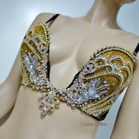 AB Iridescent Gold Glitter Plunge Mermaid Bra  Cosplay Dance Costume Rave Bra Rave Wear Halloween Burlesque Show Girl - Thumbnail 3