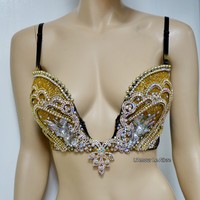 AB Iridescent Gold Glitter Plunge Mermaid Bra  Cosplay Dance Costume Rave Bra Rave Wear Halloween Burlesque Show Girl - Thumbnail 4