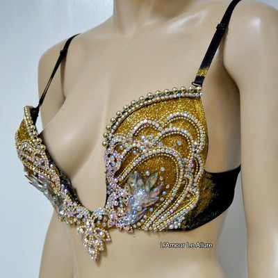 Ab iridescent gold glitter plunge mermaid bra  cosplay dance costume rave bra rave wear halloween burlesque show girl - Thumbnail 3