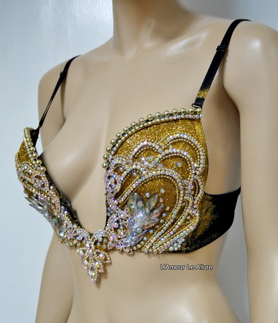 AB Iridescent Gold Glitter Plunge Mermaid Bra  Cosplay Dance Costume Rave Bra Rave Wear Halloween Burlesque Show Girl