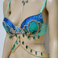 Blue Turquoise Glitter Mermaid Top Bra Gold Chain Halloween Costume Rave Bra Dance - Thumbnail 1