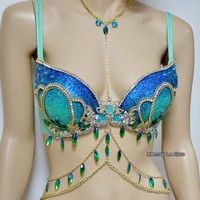 Blue Turquoise Glitter Mermaid Top Bra Gold Chain Halloween Costume Rave Bra Dance - Thumbnail 2