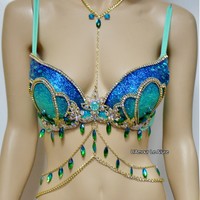 Blue Turquoise Glitter Mermaid Top Bra Gold Chain Halloween Costume Rave Bra Dance - Thumbnail 3