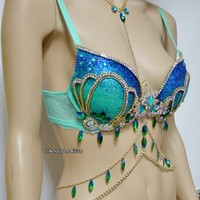 Blue Turquoise Glitter Mermaid Top Bra Gold Chain Halloween Costume Rave Bra Dance - Thumbnail 4