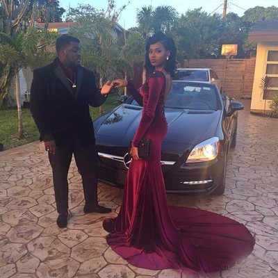 Gorgeous burgundy evening dresses formal boat neck mermaid black girl prom dresss long sleeve backless cut out - Thumbnail 5