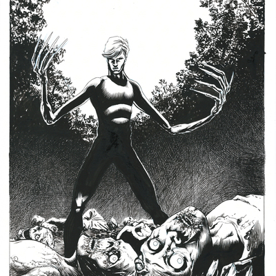 Horror show issue 2 cover production page - pen and ink with blueline