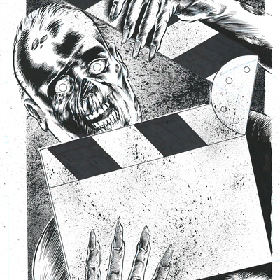 Horror show issue 1 cover production page - pen and ink with blueline