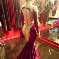 fashion backless burgundy evening dress high neck long sleeves appliques lace mermaid women formal prom party gown - Thumbnail 1