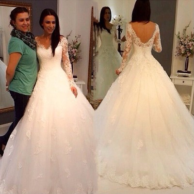 Cheap vestido de noiva sexy v neck and back long sleeve lace wedding dress vintage ball gown robe de mariage gowns - Thumbnail 5