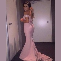 Pink Cap Sleeve Lace Wedding Party Dress Mermaid Sweep Train Bridesmaid Dresses - Thumbnail 1