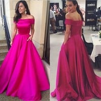 Fushia A Line Prom Dress Evening Dresses Off The Shoulder Prom Dress Short Sleeve Floor Length Evening Dress Prom Dresses - Thumbnail 1