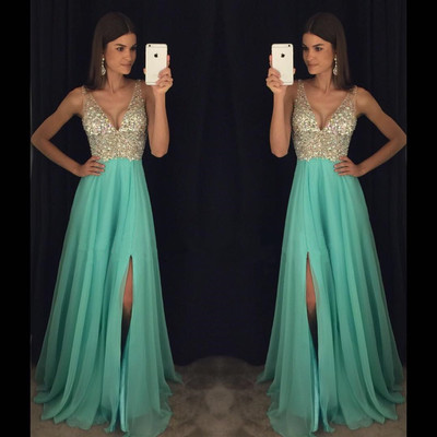 New arrival prom dress,modest prom dress,sparkly crystal beaded v neck open back long chiffon prom dresses pageant evening gowns with leg slit - Thumbnail 4