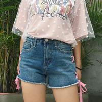 Pink Lace up Denim Shorts - Thumbnail 4
